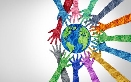 colorful hands around a globe