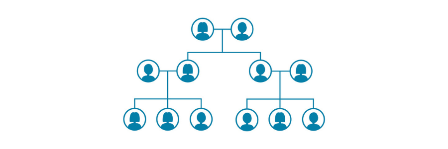 A simple blue family tree diagram showing multiple generations, with branching lines connecting individuals as the family expands outward.