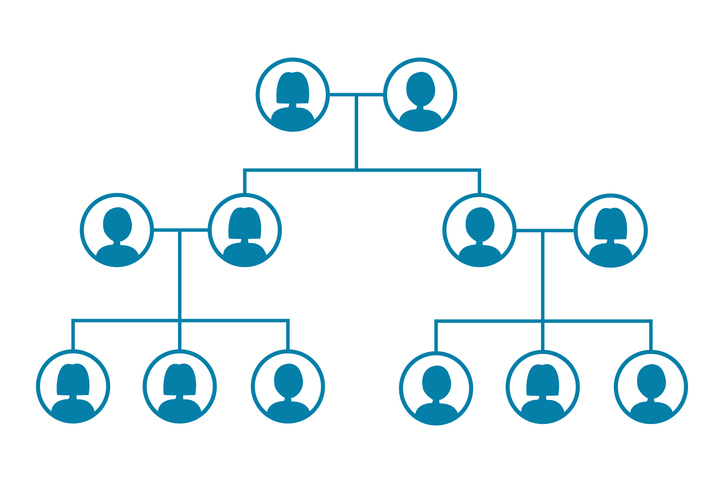A simple blue family tree diagram showing multiple generations, with branching lines connecting individuals as the family expands outward.