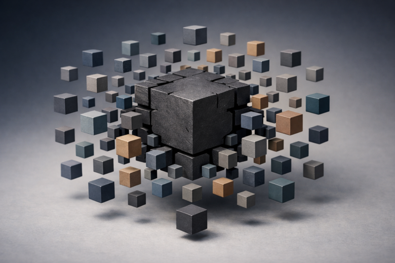 A central dark cube breaking into evenly spaced smaller cubes, floating outward in a structured pattern against a gray background, representing the transformation of a single asset into multiple flexible ownership units.